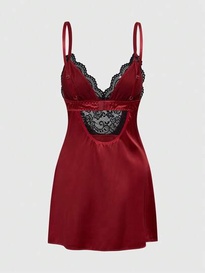 Goth Gothic Black Satin Lace Patchwork Nightgown