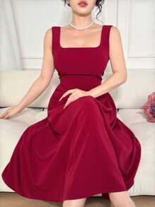 DAZY Sleeveless Square Neckline Solid Color Long Dress For Women Red Women Dresses,New Year - Burgundy - View 1