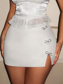 Glamine Women's Rhinestone Bow Decor Low Waist Mini Skirt - Beige - View 5