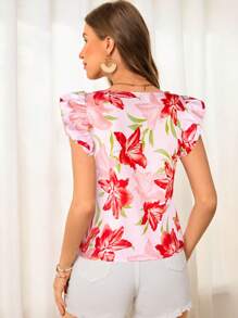 SHEIN VCAY Woven Printed Small Airplane Sleeve Collared Fitted Women Shirt - Orange - View 2