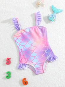 SHEIN Baby Girl Mermaid Scale Print Flutter Trim/One Piece Swimsuit - Multicolor - View 1