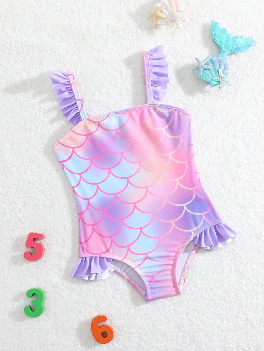 SHEIN Baby Girl Mermaid Scale Print Flutter Trim/One Piece Swimsuit - Multicolor - View 1