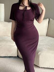Dazy Plus Solid Dark Purple Square Neck Tie Waist Dress