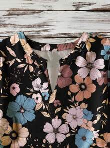 INAWLY Blusa de mujer talla grande con estampado aleatorio y mangas abullonadas de escote en V