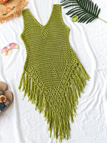 SHEIN Swim Copri-costume da spiaggia traforato lavorato a maglia con frange, ideale per le vacanze