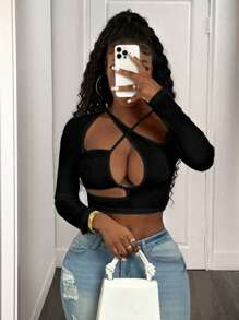 BamGleam 女士纯色镂空短款修身长袖性感 T 恤 - 黑色 - 查看 1