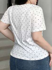 Dazy Plus Valentine Plus Size Women Casual Round Neck Polka Dot Short Sleeve Fitted White T-Shirt - White - View 2