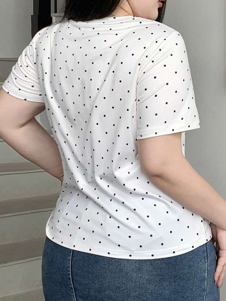 Dazy Plus Valentine Plus Size Women Casual Round Neck Polka Dot Short Sleeve Fitted White T-Shirt