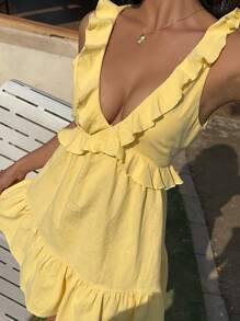 SHEIN EZwear 夏季奶油色 V 领荷叶边休闲假日迷你连衣裙 - 黃色 - 查看 1