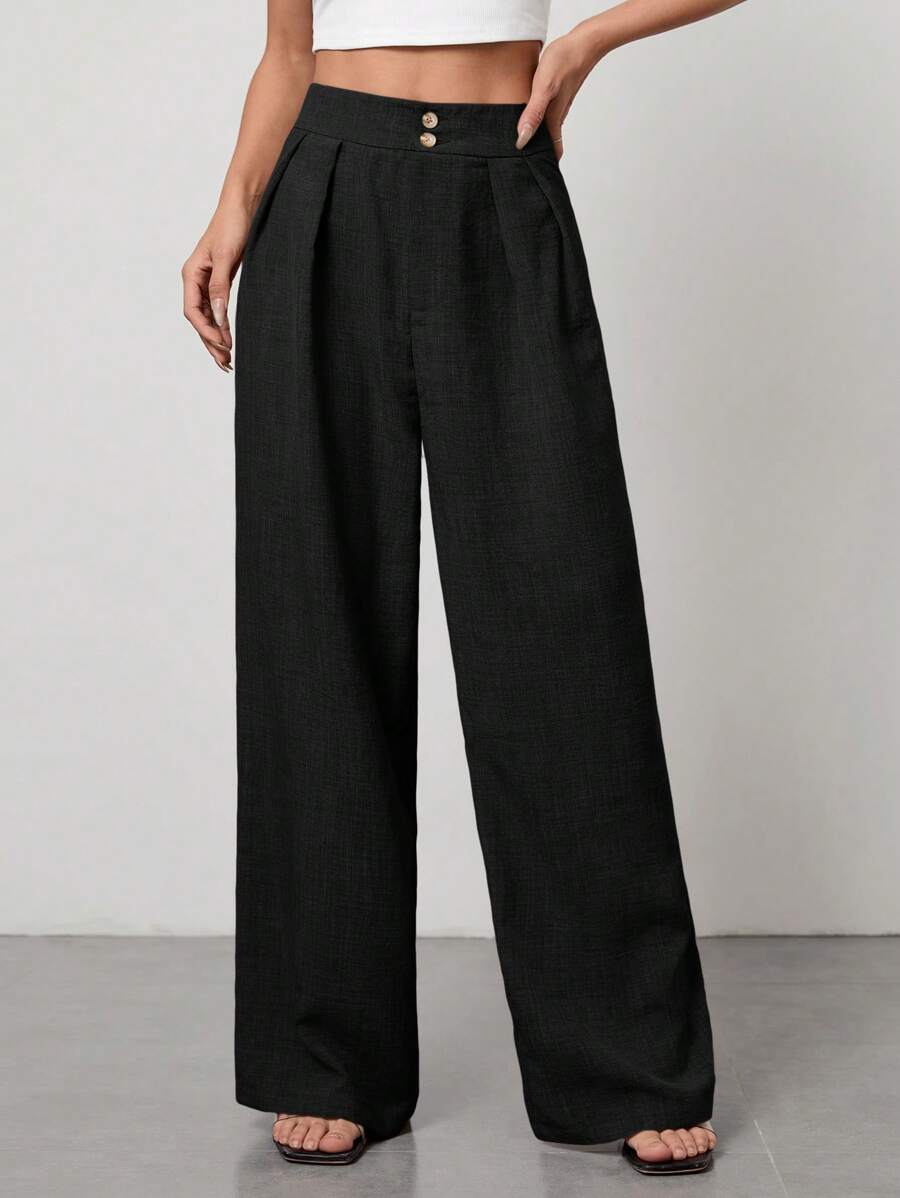 SHEIN PETITE Pantalones formales de pierna ancha y cintura alta plisados en color caqui, adecuados para vacaciones de verano - Negro - Ver 1