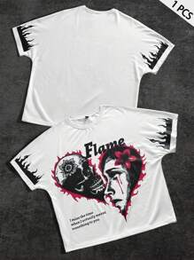 Manfinity EMRG Young Street Style For Men, Versatile INS Item: Oversized Split Love Skull Portrait Flame Graffiti Illustration. Short Loose White Short Sleeve Raglan Sleeve T-Shirt With Oversized Letter Pattern Print On The Front. Versatile, Suitable For Sportswear, Back To School Wear And Boyfriend Gift. Streetwear, Y2k Men