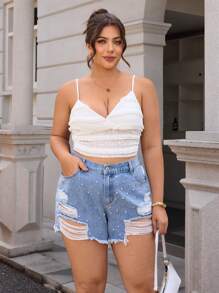 SHEIN Essnce Plus Size Women Pockets Studded Ripped Frayed Hem Denim Shorts - Light Wash - View 5