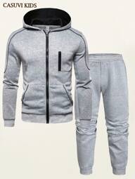 SHEIN Teen Boy Brand Simple & Cool Pure Gray Hoodie, Casual Sporty 2-In-1 Knitted Outfit For Autumn, School, Campus, College