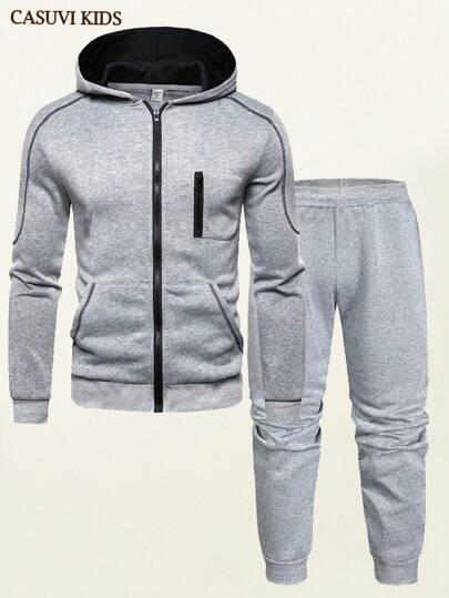 SHEIN Teen Boy Brand Simple & Cool Pure Gray Hoodie, Casual Sporty 2-In-1 Knitted Outfit For Autumn, School, Campus, College