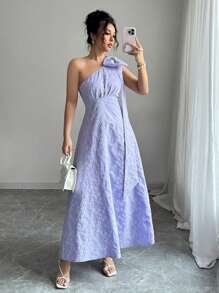 Elenzga Elegant Commuter Jacquard Bowknot Decor Dress - Purple - View 1