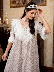 PalaceNights Vestido de noche con cuello en V, manga corta, acolchado de remiendo y bordado floral. Lencería de lujo para vacaciones