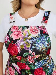 SHEIN CURVE+ Plus Size Retro Floral Suspender Dress (Shoulder Straps Adjustable) With Elegant Floral Pattern, Inner T-Shirt Not Included - Multicolor - View 4
