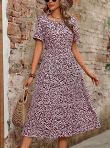 EMERY ROSE Simple Geometric Ditsy Floral Cinched Waist Dress Maxi Women Outfit - Hot Pink - View 6