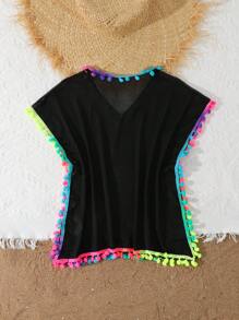 SHEIN Young Girl Vacation Beach Kaftan With Colorful Pom Pom Trims - Black - View 2