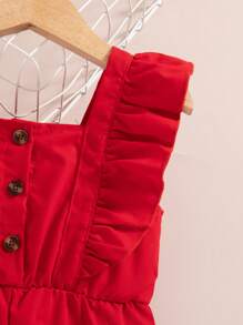 SHEIN Elladie kids Young Girl Solid Color Ruffle Trim Button Jumpsuit, Casual - Red - View 3