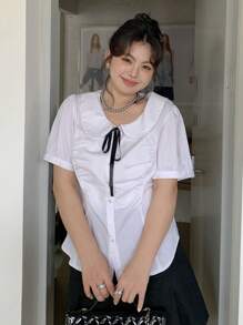 Dazy Plus Plus Size Peter Pan Collar Tie Waist Short Sleeve White Blouse - White - View 5