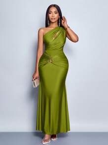 SOLERSUN 女士纯色镂空不对称领口金属装饰紧身连衣裙长款女装 - 橄欖綠 - 查看 4