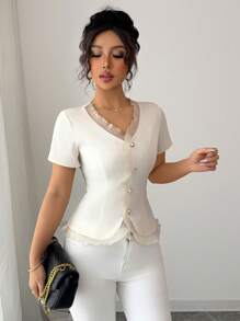 Elenzga Women's Solid Color Contrast Mesh Ruffle Trim Single-Breasted Short Sleeve Blouse - Apricot - View 3