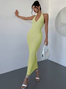 Firerie Váy Maxi Ôm Vừa Vặn Không Tay Cổ Chữ V Màu Mơ Thanh Lịch Lãng Mạn Mới Cho Ngày Lễ Tình Nhân, Xuân/Hè - Màu xanh chanh - Xem 4