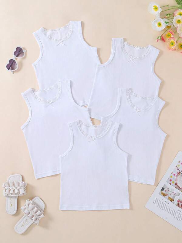 SHEIN Playful Pals 5 peças/conjunto de roupa íntima feminina, camisola elegante, branca, lisa, confortável, sem mangas, elegante