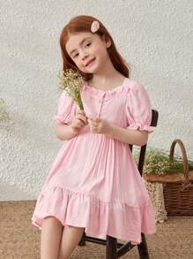 SHEIN Young Girls' French Elegant Pink Ruffle Trim Voluminous Puff Sleeve Dress, Spring/Summer - Pink - View 1