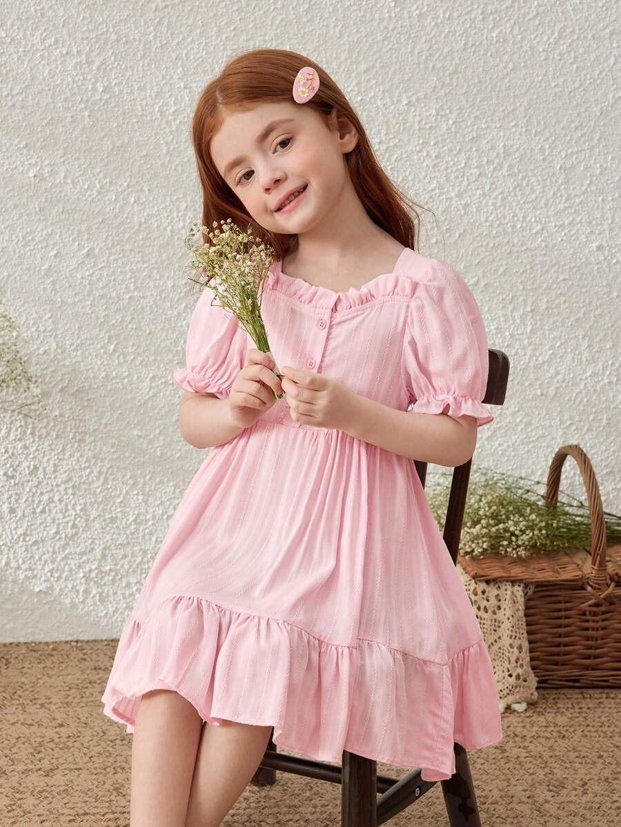 SHEIN Young Girls' French Elegant Pink Ruffle Trim Voluminous Puff Sleeve Dress, Spring/Summer - Pink - View 1