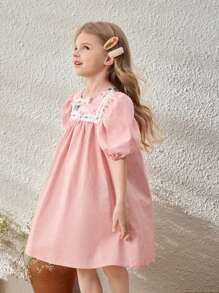 Blossori Vestido Solto Tecido Frouxamente com Estampa Floral Rosa Elegante Francesa para Meninas Jovens, Primavera/Verão - Rosa chiclete - Visão 5