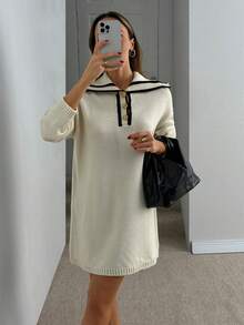 EURMUSE 女式航海风格针织套头衫 - 水手领设计，撞色饰边，正面纽扣细节，长袖，柔软针织面料，打造休闲时尚外观 - 白色 - 查看 4