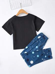 2 件套中大童黑色简约时尚满印太空元素圆领短袖上衣和休闲长裤家居服套装 - 黑色 - 查看 2