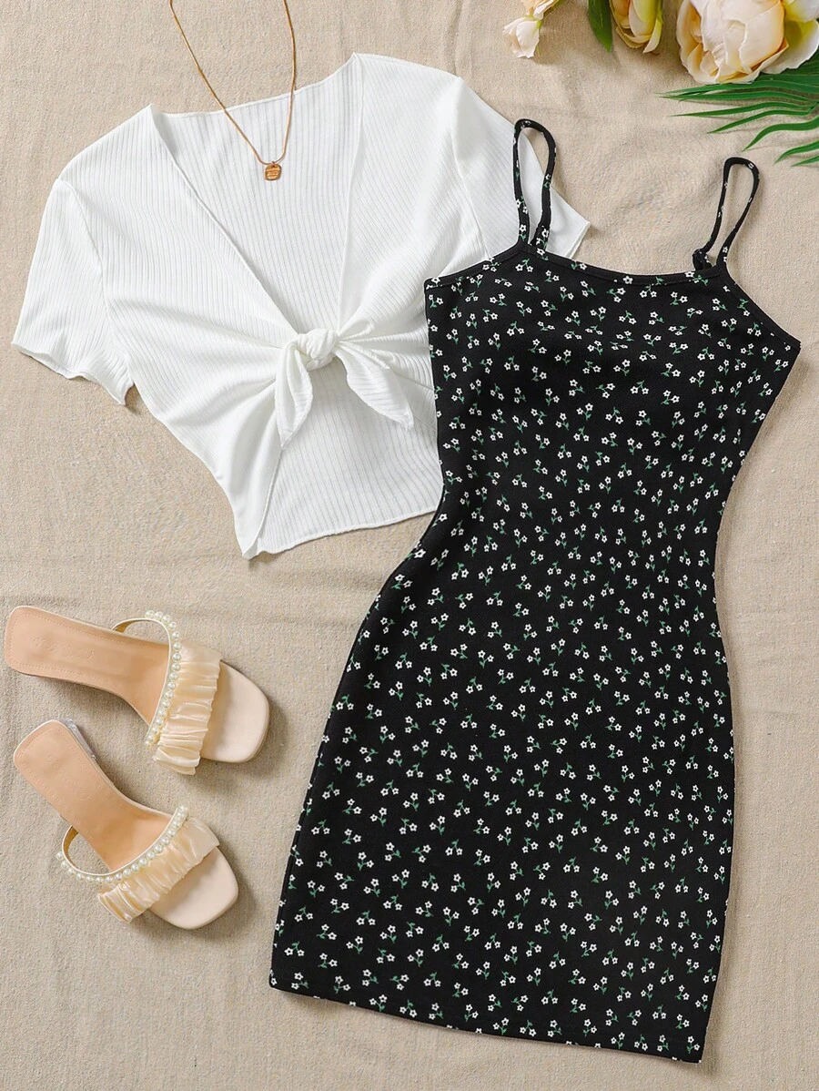 SHEIN 少女 2 件套：针织罗纹前系带上衣和碎花吊带裙，适合春季、夏季、度假、休闲、可爱