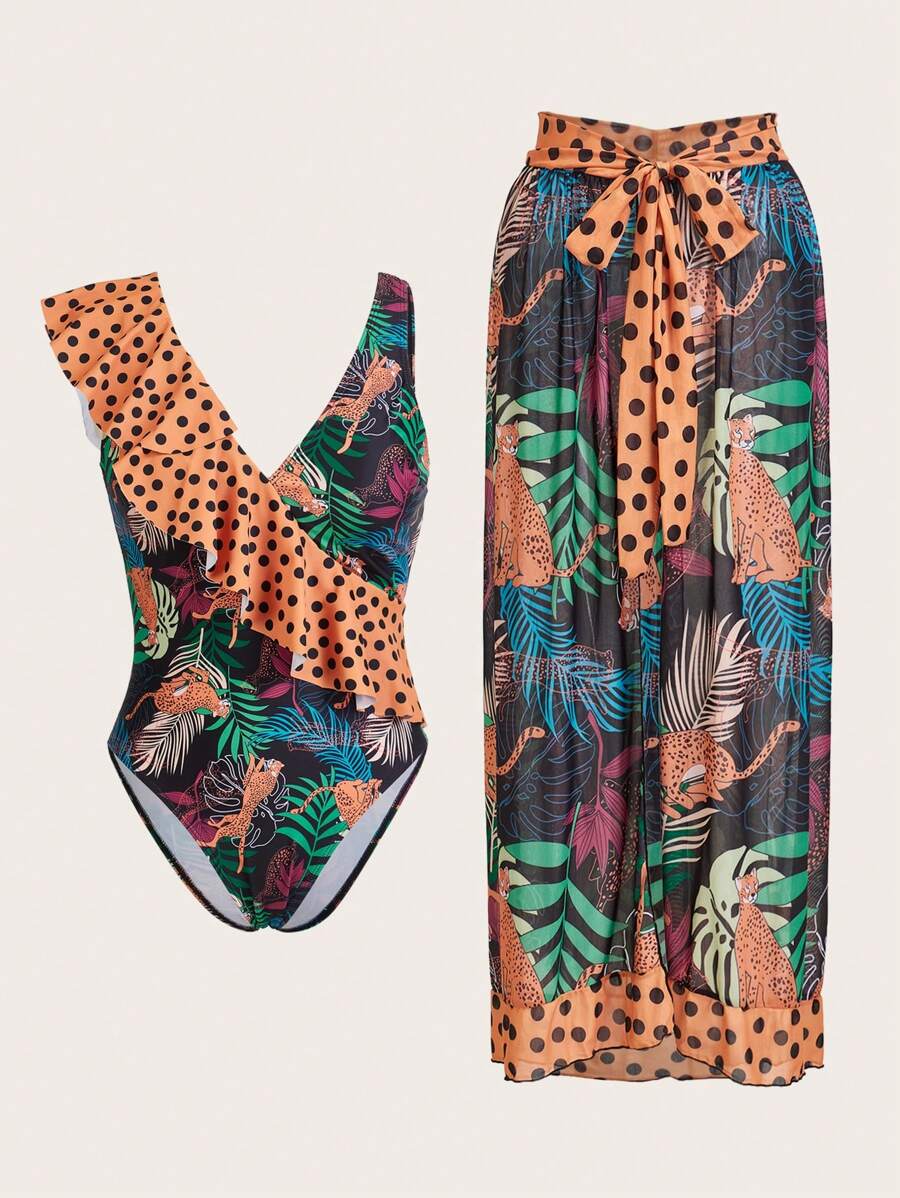 Swim Oasis 2pcs Animal Print & Polka Dot Patchwork Swimsuit Set For Summer Beach Vacation - Multicolor - View 1