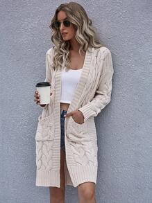 RueChic Dual Pocket Cable Knit Drop Shoulder Cardigan - Beige - View 5