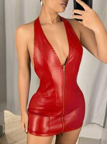 SHEIN ICON Robe courte moulante en PU à encolure en V profond avec fente éclair double