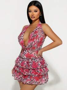 Sirith Leopard & Floral Print Layered Ruffle Collar Backless Mini Bodycon Dress - Watermelon Pink - View 5