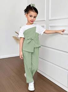 Firerie Kids Firerie Kids 2pcs/Set Young Girl Knit Patchwork Contrast Color Top And Woven Long Pants