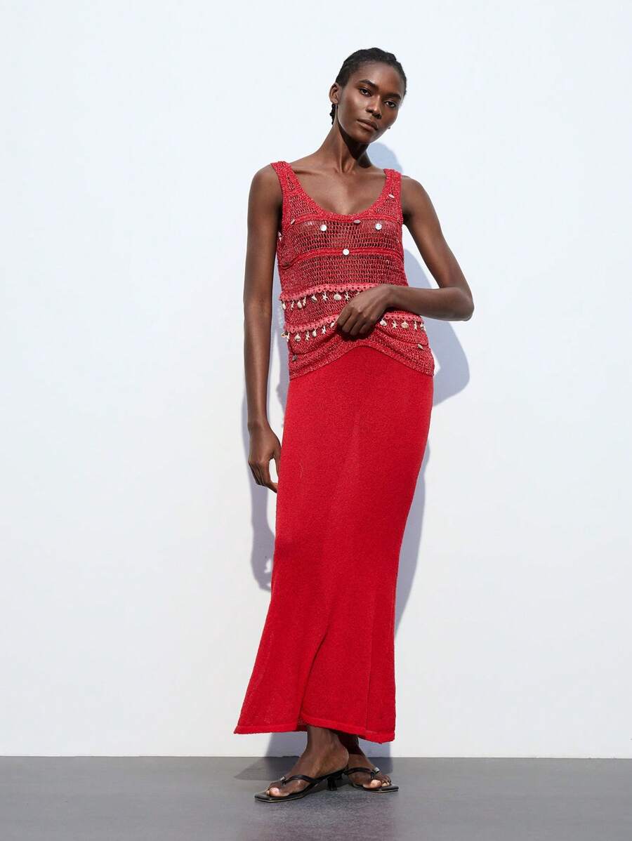 Maija 女士海滩超长罩衫纱笼裙，波西米亚风 - 紅色 - 查看 1