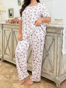 CottageSlumber Plus Size Printed Lace Splice Crew Neck Short Sleeve Top And Pants Loungewear Set, Bountiful Floral Splendor Cozy And Elegant Details