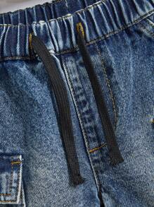 SHEIN 2025 Young Boy Casual Streetwear Decor Elastic Drawstring Waist Water-Washed Denim Cargo Shorts, Comfortable Essential Item, School, Campus, College - Dark Wash - View 3