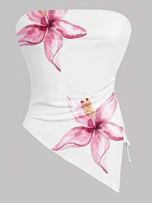 Women's Pink Flower Print Sleeveless Bandeau Top, Summer - Multicolor - View 3