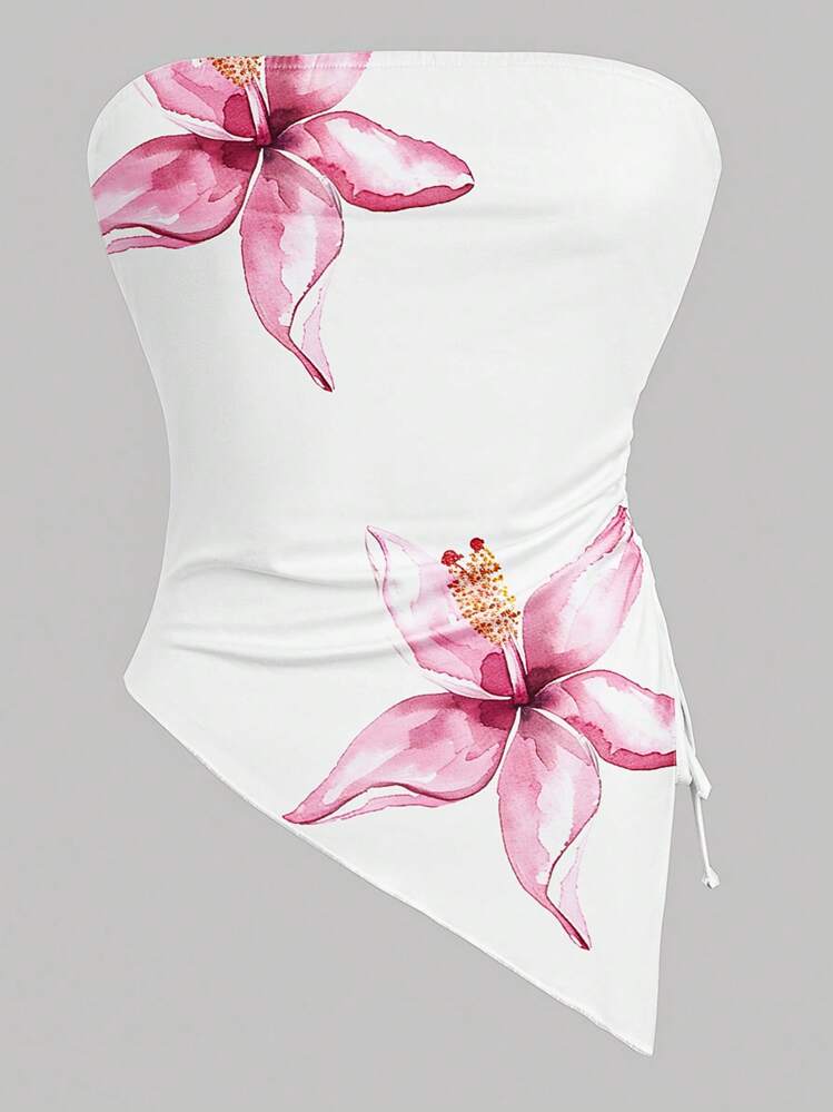 Women's Pink Flower Print Sleeveless Bandeau Top, Summer - Multicolor - View 3