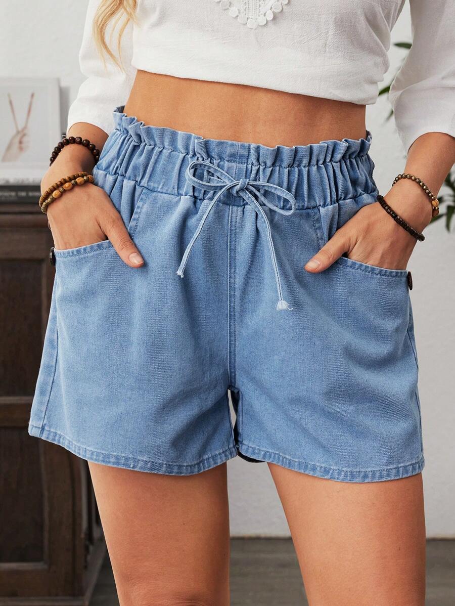 EMERY ROSE Mature Denim Shorts vaqueros holgados y casuales de talla grande para mujer con volantes, cordón en la cintura y bolsillos - Azul - Ver 1