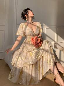 DAZY V-Neck Sequin Embellished Ruffle Trim Long Dress For Women - Blue - View 5