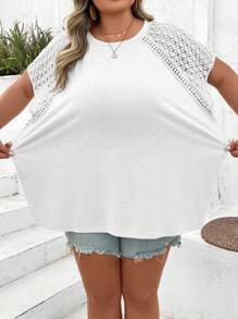 SHEIN CURVE+ Plus Size Color Block Lace Splicing Short Sleeve T-Shirt, For Beach And Vacation - White - View 10