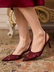 CUCCOO TILAWA Fashionable Wine Red Mesh Rhinestone Pointed Toe High Heels, Suitable For Commute, Dates, Parties, Weddings And Vacations For Christmas - Red - View 5