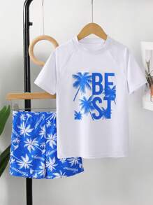 Young Boy Palm Tree Letter Print Short Sleeve Top And Shorts Casual Swimsuit Set Two Pieces Toddler Boy 2t - Blue - View 3